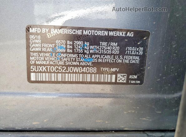 5UXKT0C52J0W04088 2018 BMW X5 Gray VIN կոդի պիտակի տեսք