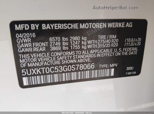 5UXKT0C53G0S78066 2016 BMW X5 White Вид підкапотного простору