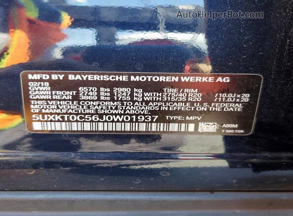 5UXKT0C56J0W01937 2018 BMW X5 Blue VIN კოდის სტიკერის ხედი