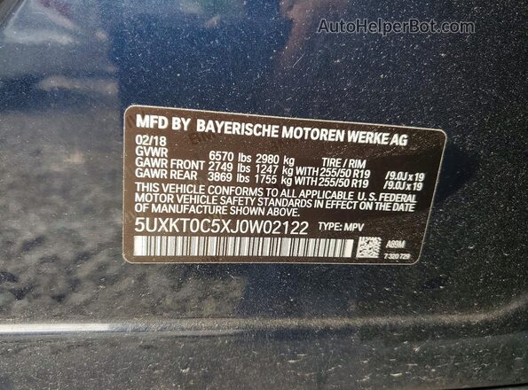 5UXKT0C5XJ0W02122 2018 BMW X5 Blue Вид наклейки з VIN-кодом