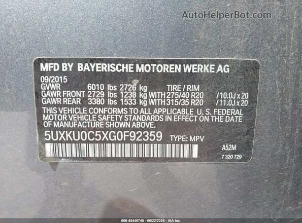 5UXKU0C5XG0F92359 2016 BMW X6 Gray Widok komory silnika
