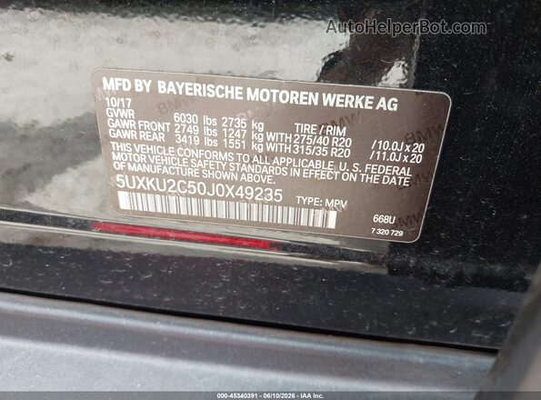 5UXKU2C50J0X49235 2018 BMW X6 Black Vista del compartimento del motor