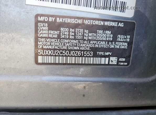 5UXKU2C50J0Z61553 2018 BMW X6 Gray 