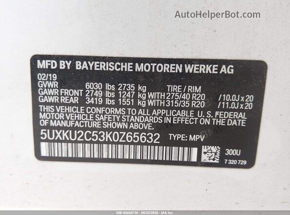 5UXKU2C53K0Z65632 2019 BMW X6 Белый Вид подкапотного пространства