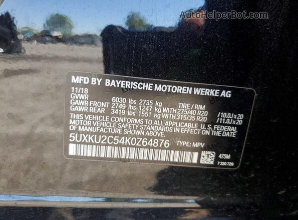 5UXKU2C54K0Z64876 2019 BMW X6 Black Vista de la etiqueta del VIN