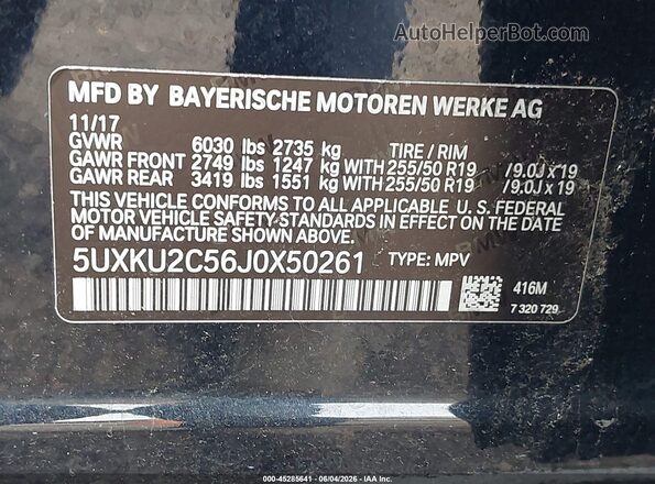 5UXKU2C56J0X50261 2018 BMW X6 Black ძრავის განყოფილების ხედი