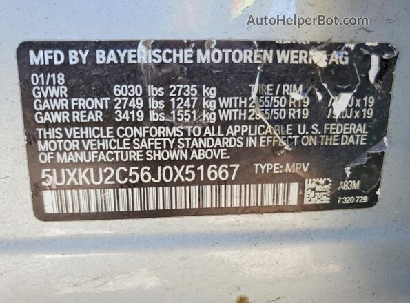 5UXKU2C56J0X51667 2018 BMW X6 Silver VIN კოდის სტიკერის ხედი