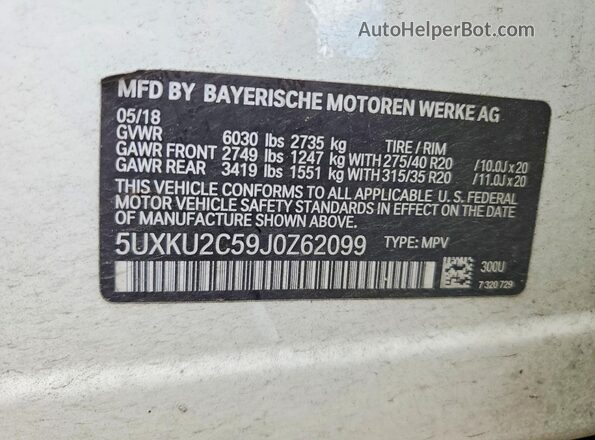 5UXKU2C59J0Z62099 2018 BMW X6 White VIN sticker view