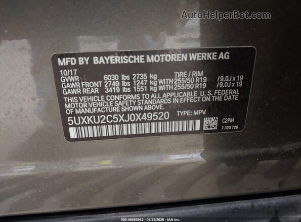 5UXKU2C5XJ0X49520 2018 BMW X6 Tan Շարժիչի բաժամունքի տեսք
