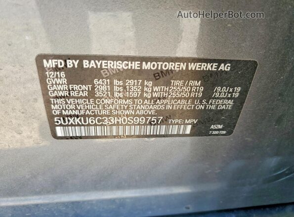 5UXKU6C33H0S99757 2017 BMW X6 Gray Vista de la etiqueta del VIN