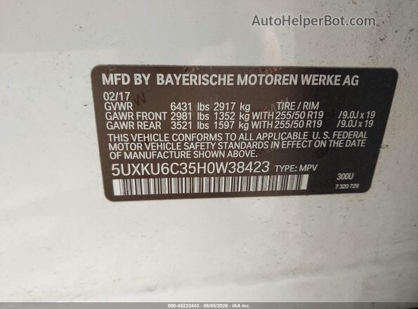 5UXKU6C35H0W38423 2017 BMW X6 White Շարժիչի բաժամունքի տեսք