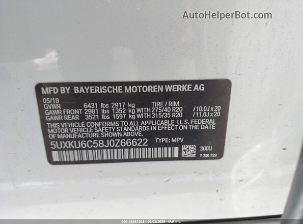 5UXKU6C58J0Z66622 2018 BMW X6 Белый Вид подкапотного пространства