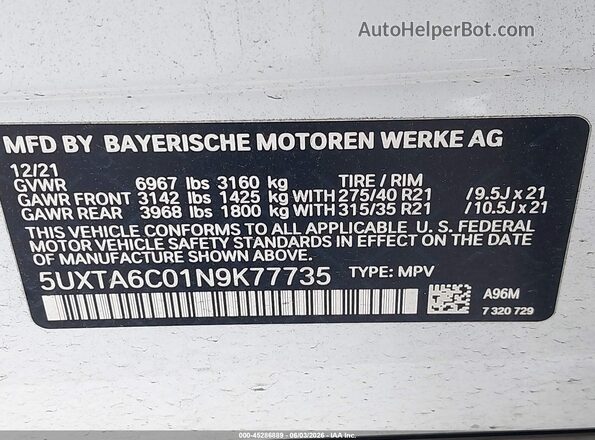 5UXTA6C01N9K77735 2022 BMW X5 White Widok komory silnika