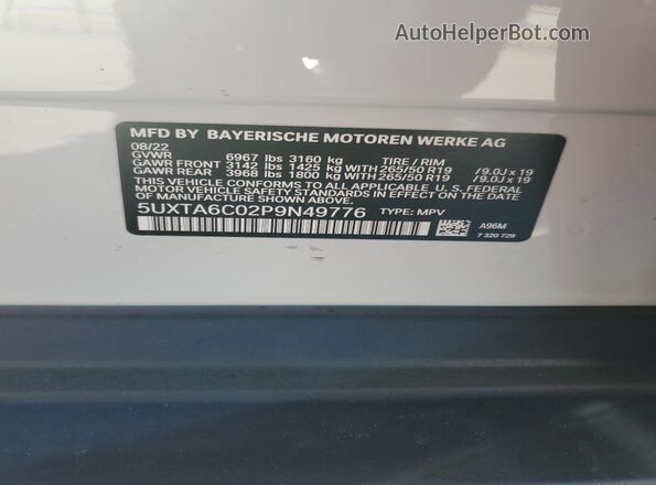 5UXTA6C02P9N49776 2023 BMW X5 White Вид наклейки з VIN-кодом