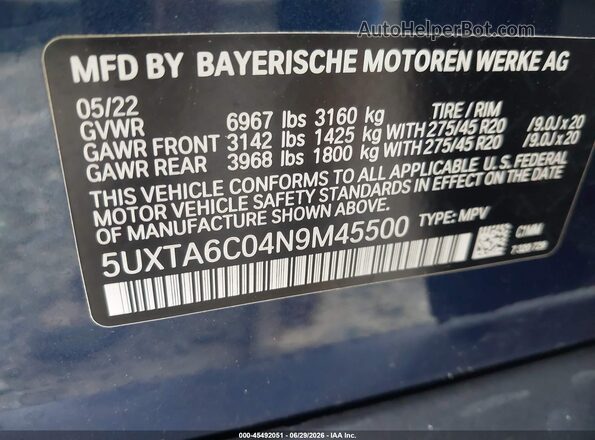 5UXTA6C04N9M45500 2022 BMW X5 Blue Widok komory silnika