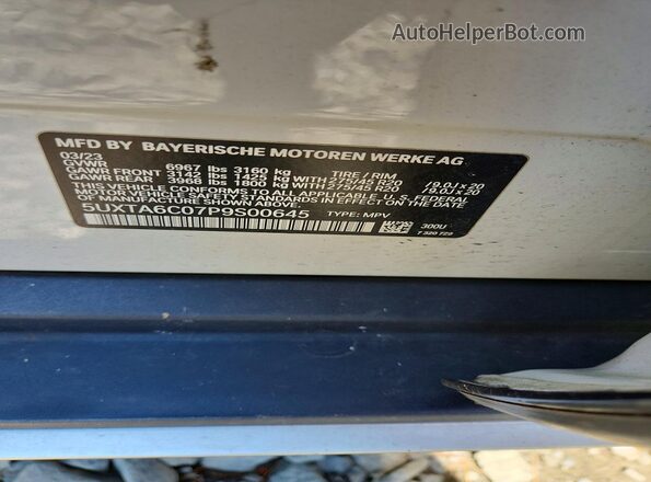 5UXTA6C07P9S00645 2023 BMW X5 White Vista de la etiqueta del VIN