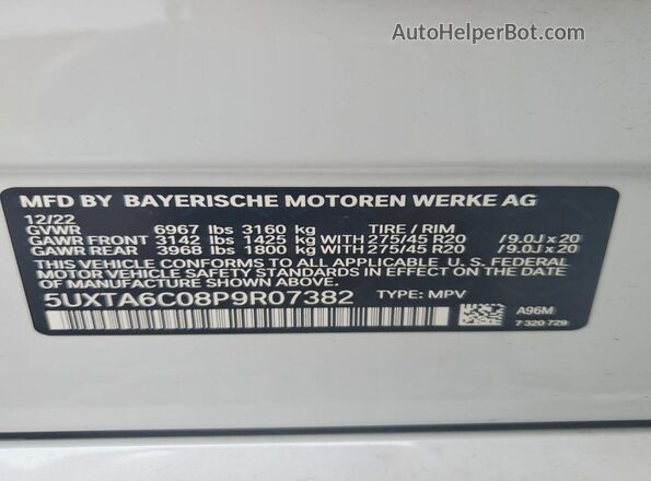 5UXTA6C08P9R07382 2023 BMW X5 White Vista interior de 360 grados