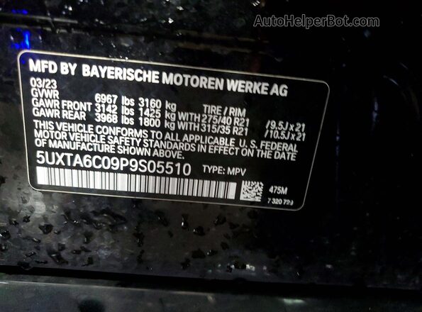 5UXTA6C09P9S05510 2023 BMW X5 Черный Вид наклейки с VIN-кодом