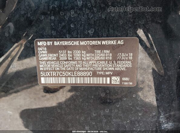 5UXTR7C50KLE88890 2019 BMW X3 Black Вид підкапотного простору