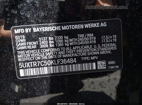 5UXTR7C50KLF36484 2019 BMW X3 Black Вид підкапотного простору