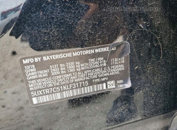 5UXTR7C51KLF31715 2019 BMW X3 Black Widok naklejki z numerem VIN