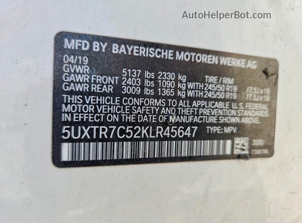 5UXTR7C52KLR45647 2019 BMW X3 White VIN sticker view