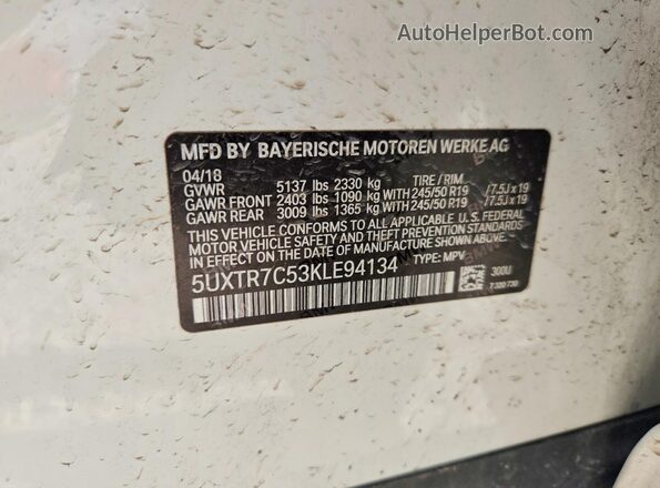 5UXTR7C53KLE94134 2019 BMW X3 White 