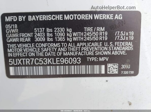 5UXTR7C53KLE96093 2019 BMW X3 White Engine compartment view