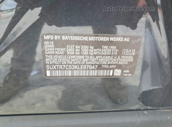 5UXTR7C53KLE97647 2019 BMW X3 Угольный Панорамный вид салона 360°