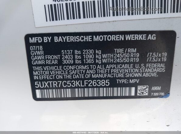 5UXTR7C53KLF26385 2019 BMW X3 White 