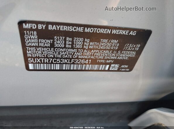 5UXTR7C53KLF32641 2019 BMW X3 Серебряный Вид подкапотного пространства