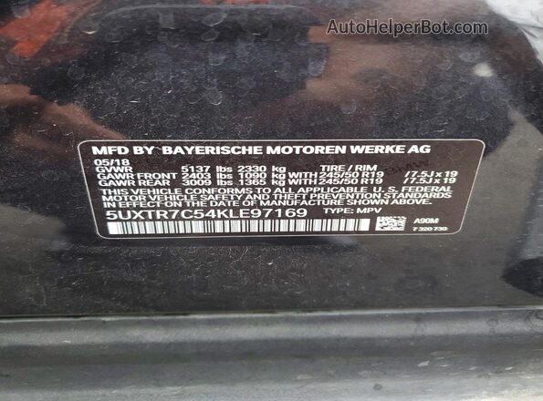 5UXTR7C54KLE97169 2019 BMW X3 Black 360 interior view