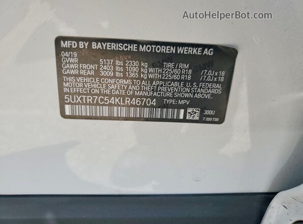 5UXTR7C54KLR46704 2019 BMW X3 White 