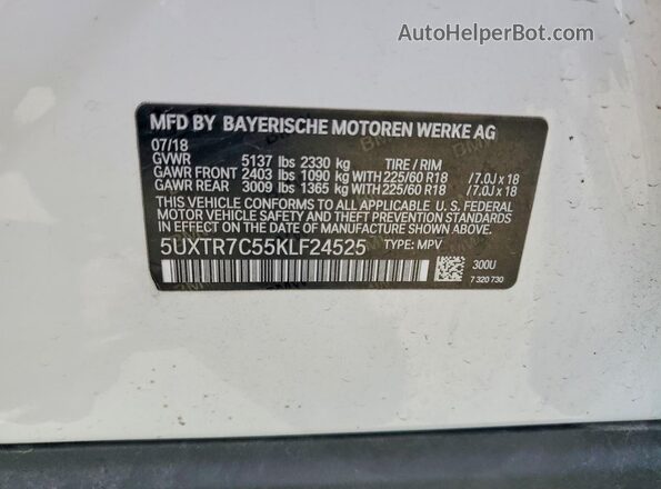 5UXTR7C55KLF24525 2019 BMW X3 White VIN կոդի պիտակի տեսք