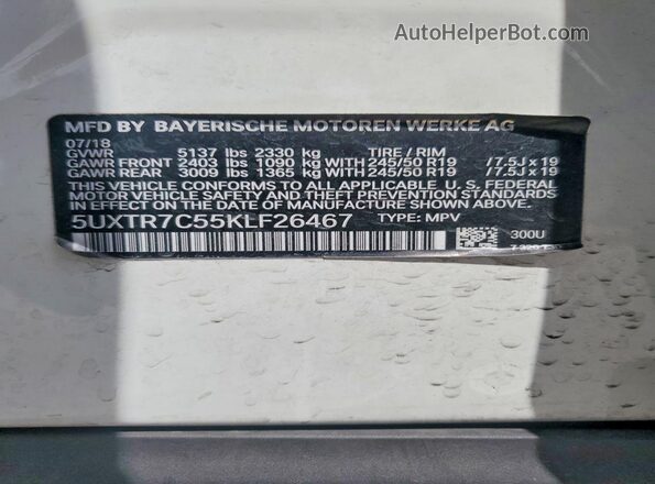 5UXTR7C55KLF26467 2019 BMW X3 White Vista de la etiqueta del VIN