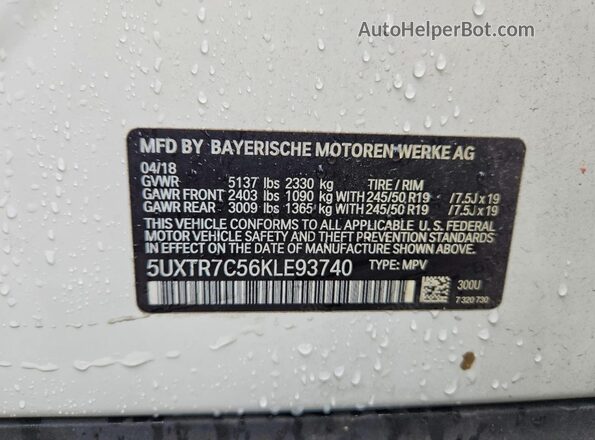 5UXTR7C56KLE93740 2019 BMW X3 White VIN sticker view