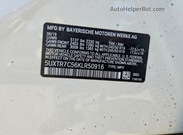 5UXTR7C56KLR50916 2019 BMW X3 White Widok naklejki z numerem VIN