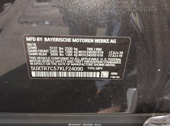 5UXTR7C57KLF24090 2019 BMW X3 Gray ძრავის განყოფილების ხედი