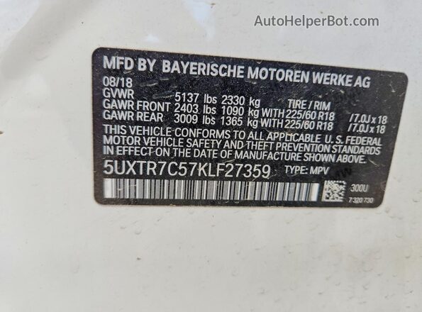 5UXTR7C57KLF27359 2019 BMW X3 Белый 