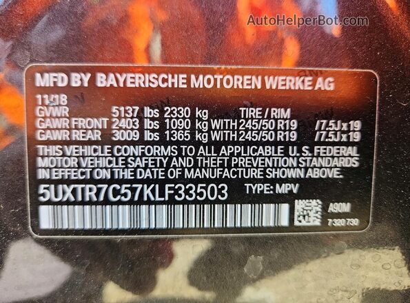 5UXTR7C57KLF33503 2019 BMW X3 Black 360 interior view