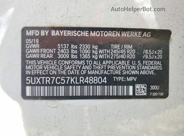 5UXTR7C57KLR48804 2019 BMW X3 White Սալոնի 360 աստիճան տեսք