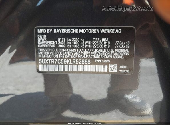 5UXTR7C59KLR52868 2019 BMW X3 Black ძრავის განყოფილების ხედი