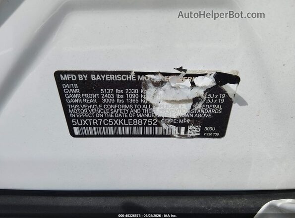 5UXTR7C5XKLE88752 2019 BMW X3 White Widok komory silnika