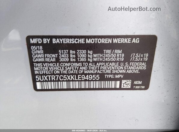 5UXTR7C5XKLE94955 2019 BMW X3 Silver ძრავის განყოფილების ხედი