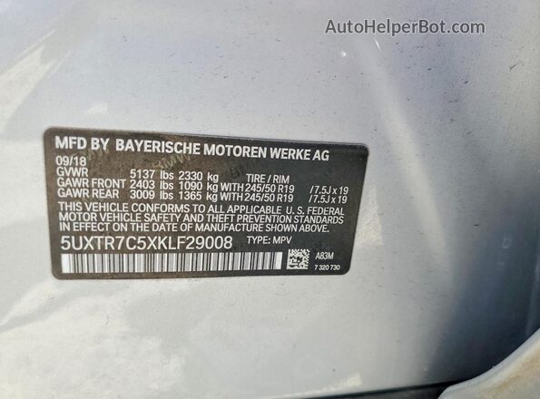 5UXTR7C5XKLF29008 2019 BMW X3 Silver VIN sticker view