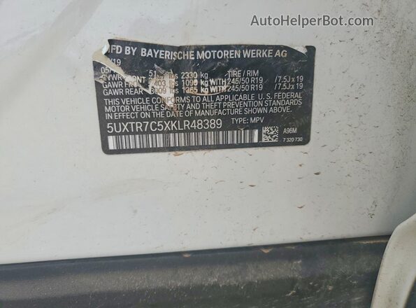 5UXTR7C5XKLR48389 2019 BMW X3 White VIN կոդի պիտակի տեսք