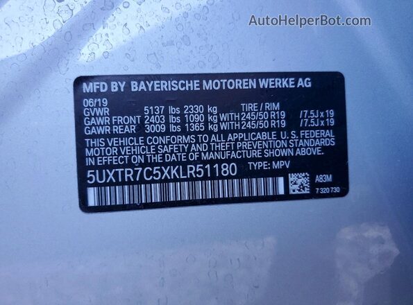 5UXTR7C5XKLR51180 2019 BMW X3 Silver Engine compartment view