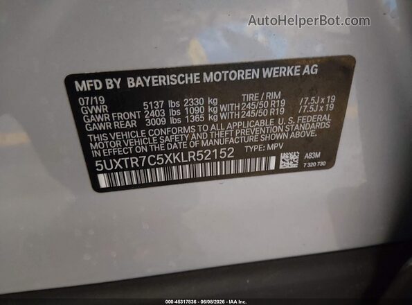 5UXTR7C5XKLR52152 2019 BMW X3 Silver Շարժիչի բաժամունքի տեսք