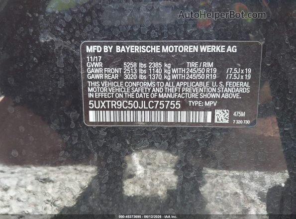5UXTR9C50JLC75755 2018 BMW X3 Black Engine compartment view