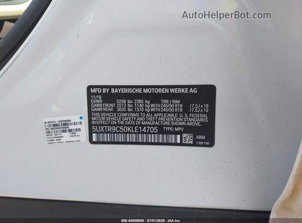 5UXTR9C50KLE14705 2019 BMW X3 White Vista del compartimento del motor